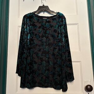 Transformative Teal and Black Velvet Burnout Top Goldtone Neckline